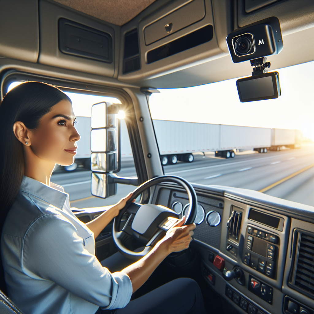 AI dash cam for BIPA compliance Female owner-operator truck driver in USA with AI dash cam for BIPA compliance.